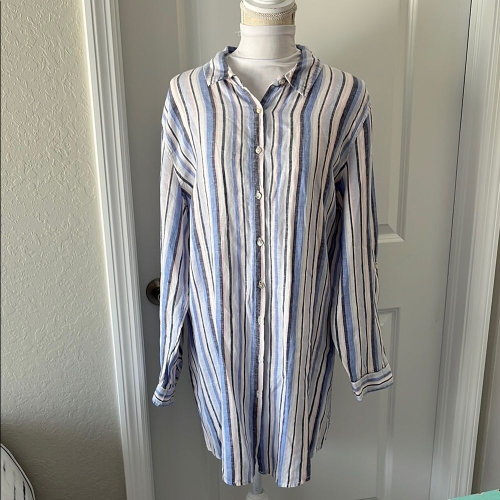 Artisan NY Linen Striped Blue & White Loose Fit Button Down / Mini Dress SZ 1X